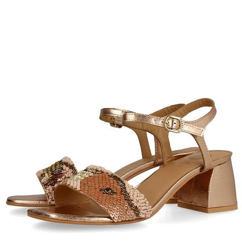 Sandalias Bronce De Tacón Medio Cuadrado Y Lentejuelas Para Mujer 45283