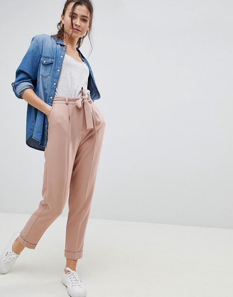 Asos Design - Gewebte Karottenhose Mit Bindegürtel - Steingrau