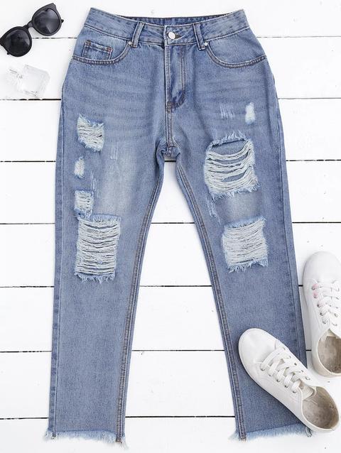 Zip Fly Frayed Hem Ripped Jeans