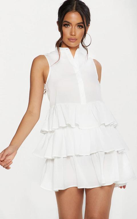 White Frill Hem Shift Dress, White