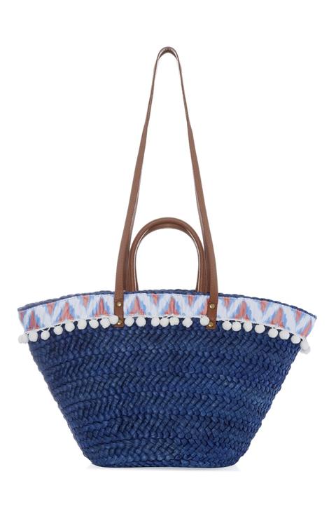 Bolso De Playa Azul Con Pompones