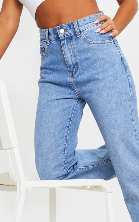 Mid Blue Wash Long Straight Leg Raw Hem Jeans