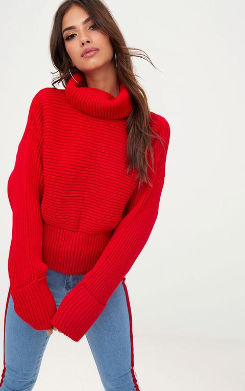 Red Extreme Sleeve Roll Neck Jumper