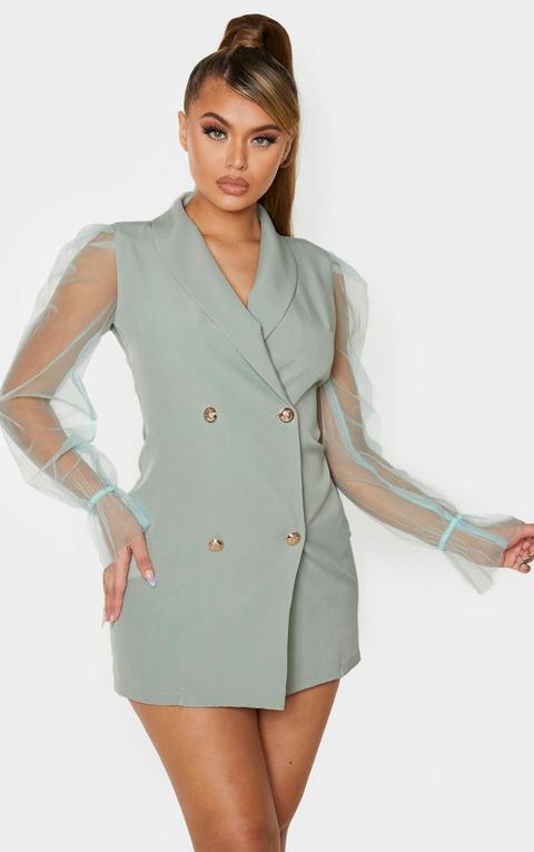 Sage Green Button Up Organza Sleeve Blazer Dress