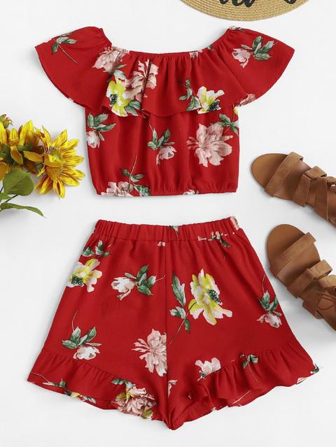 Floral Print Ruffle Trim Two-piece Outfit