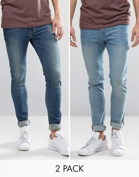 Asos Super Skinny Jeans 2 Pack In Light & Mid Blue Save