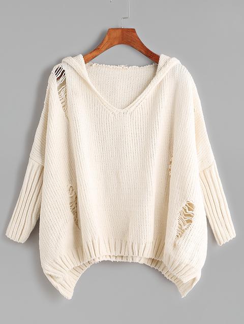 Maglione Con Cappuccio Asimmetrico Strappato Beige