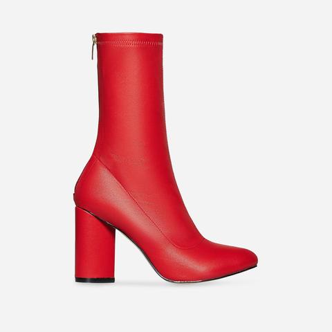 red leather block heel ankle boots