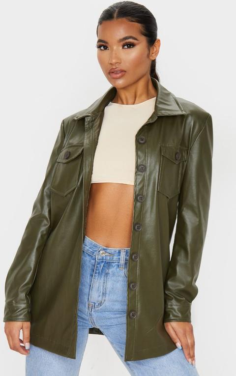 Khaki Faux Leather Longline Shirt Jacket