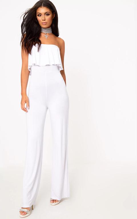 White Jersey Bandeau Frill Jumpsuit, White