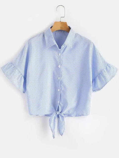 Camicetta Annodata A Righe Light Blue