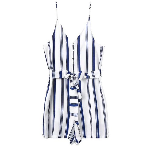 Spaghetti Strap Vertical Striped With Belt Jumpsuit