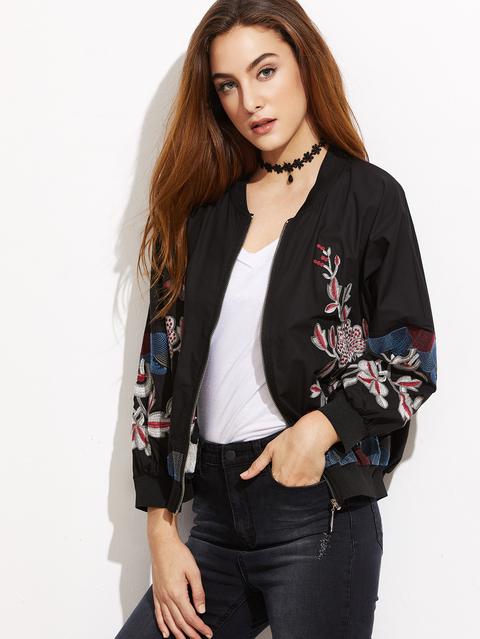 Cazadora Bomber Con Bordado Floral Negro