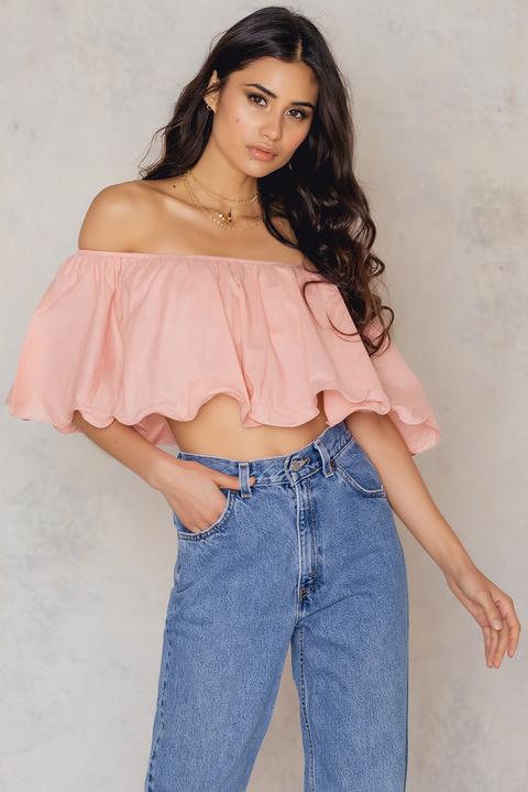 Flounce Off Shoulder Cropped Top Pink