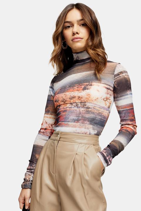 Womens Petite Landscape Print Funnel Neck Top - Multi, Multi