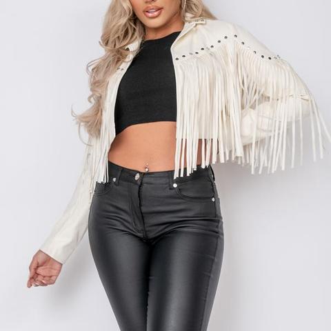 Cream Faux Leather Fringe Trim Cropped Jacket