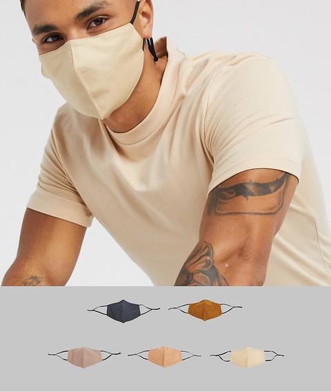 Asos Design 5 Pack Face Covering With Adjustable Straps And Nose Clip In Neutral Tones-multi