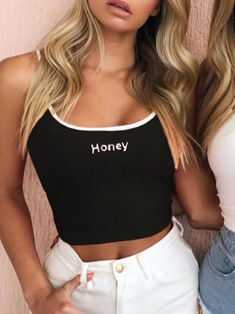 Letter Print Low Cut Strappy Crisscross Crop Top - Black