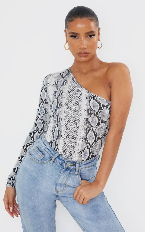 Grey Snake Printed One Shoulder Jersey Long Sleeve Bodysuit