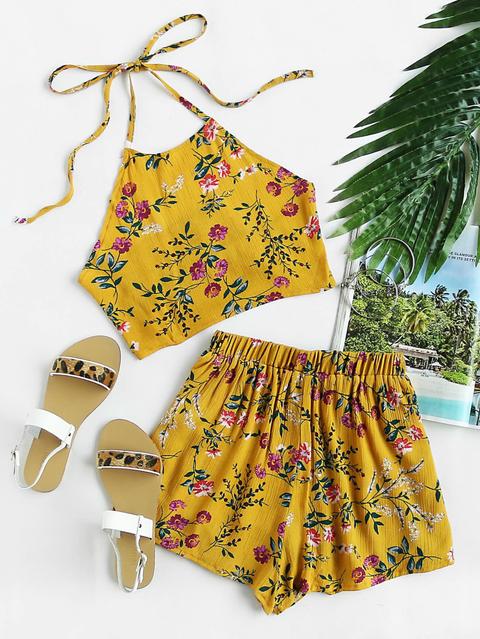 Floral Print Random Tie Open Back Crop Top With Shorts