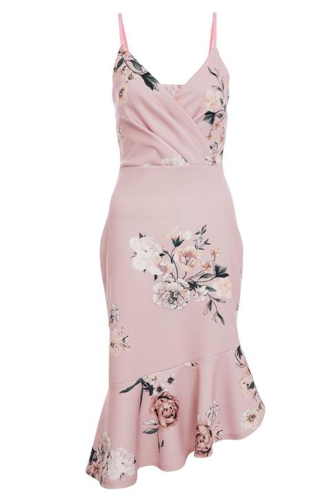 Quiz pink floral cheap asymmetric midi dress