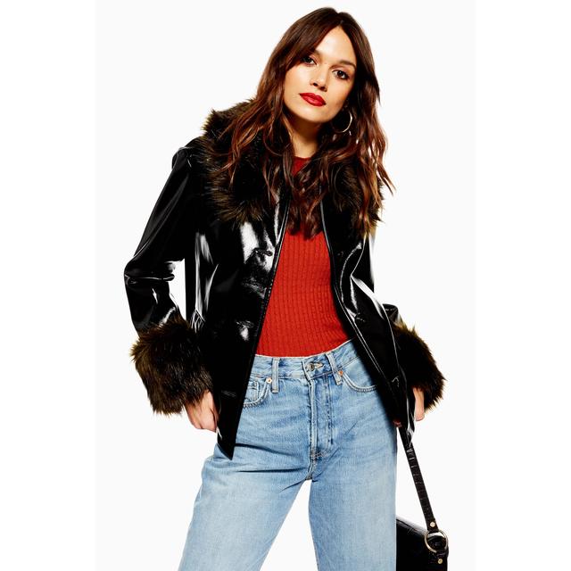 vinyl faux fur trim coat