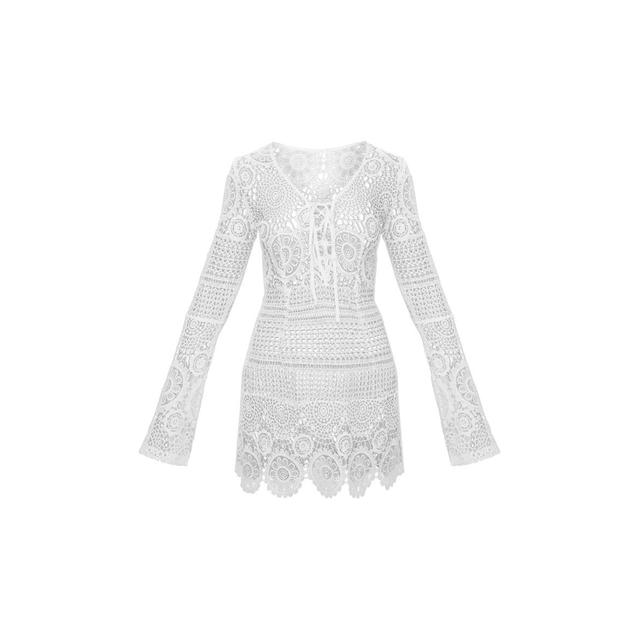 white tie front flare sleeve crochet lace bodycon dress