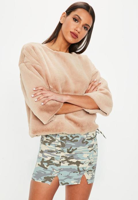 Grey Lace Up Front Camo Mini Skirt, Stone