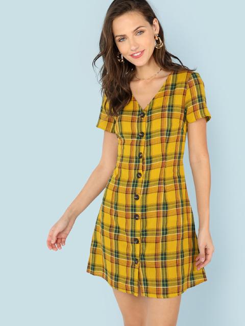 Vestido De Cuadros Escote V Con Botón