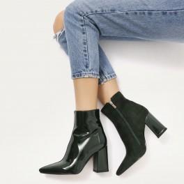 Chaos Contrast Pointed Toe Ankle Boots In Green Patent And Faux Suede