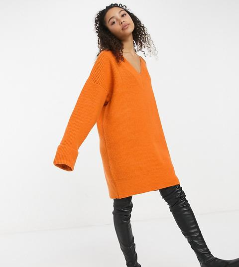 Collusion Slouchy V Neck Jumper Dress In Orange