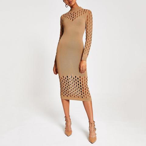 Beige Knitted Mesh Long Sleeve Bodycon Dress