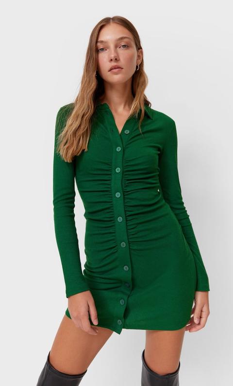 Stradivarius Robe Polo Froncée Vert Bouteille Xl