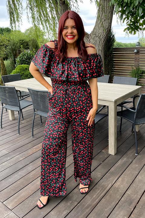 Black Jumpsuits - Ladbaby Mum Bardot Black Cherry Print Jumpsuit