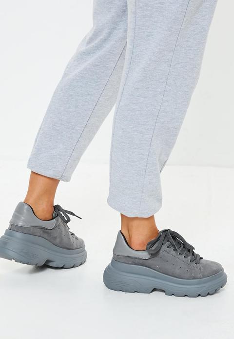 Grey Double Sole Lace Up Trainers, Dark Grey