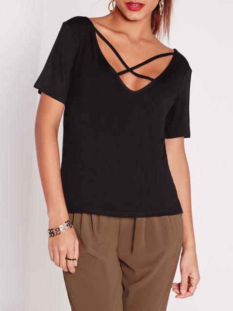 Black Criss Cross Front Casual T-shirt