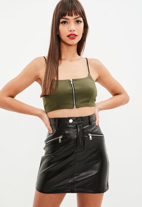 Khaki Zip Front Crop Top, Khaki