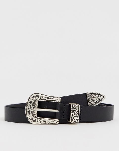 Asos Design Leather Slim Western Belt In Black