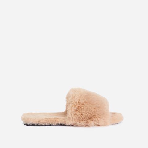 Pompom Fluffy Slider Slipper In Nude Faux Fur, Nude