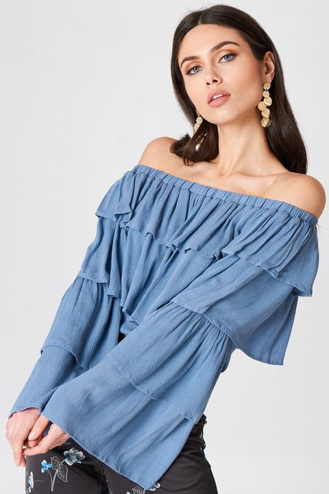 Josefin Ekström For Na-kd Off Shoulder Ruffle Top - Blue