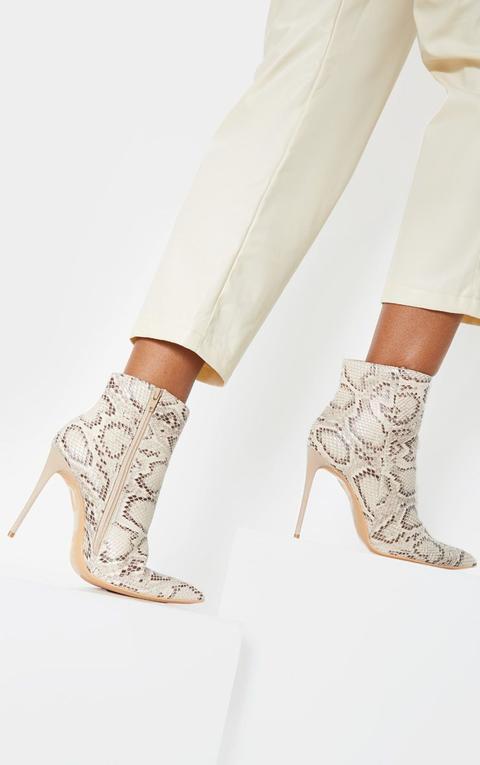 Beige Snake Point Toe Stiletto Heel Ankle Boot