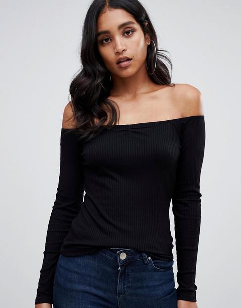 Asos Design Off Shoulder Bardot Top In Rib In Black