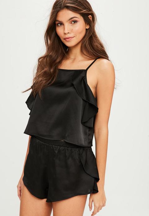 Black Satin Frill Cami Pyjama Set, Black