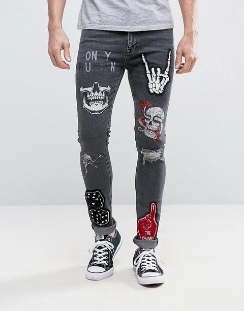 Asos - Jeans Super Skinny Con Toppe E Strappi Nero Slavato - Nero