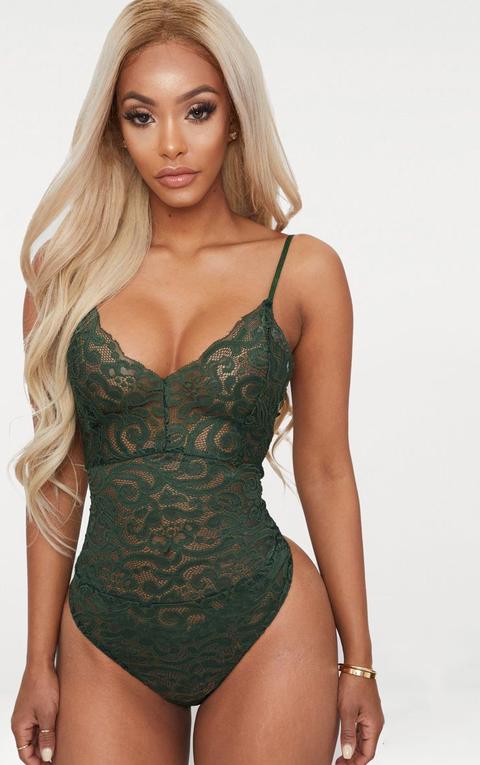 Shape Khaki Sheer Lace Bodysuit, Green from PrettyLittleThing on