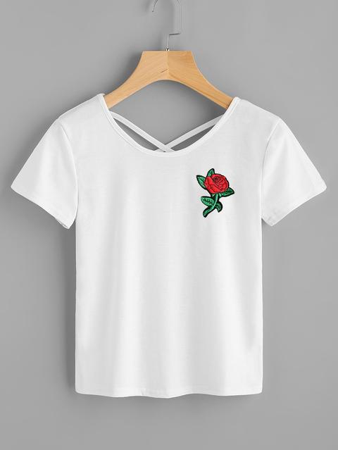 Rose Embroidered Patch Criss Cross Back Tee