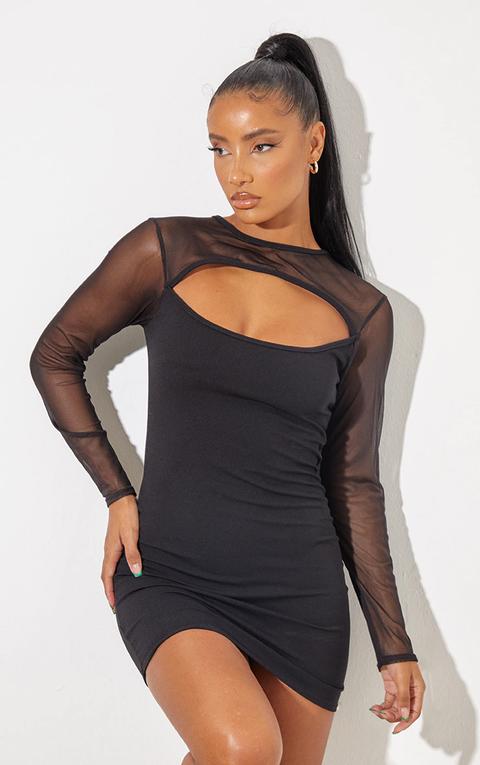 Black Mesh Bodice Cut Out Long Sleeve Bodycon Dress