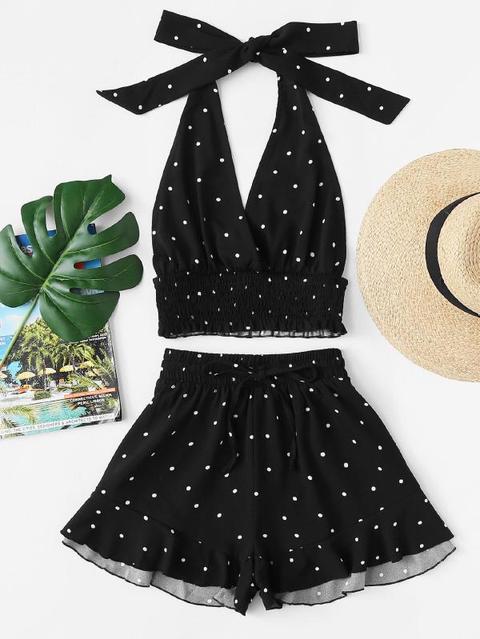 Shirred Polka Dot Halter Top & Shorts Co-ord