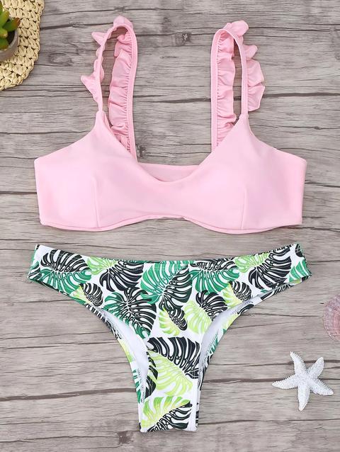 Bikini Set Stampato A Collo Rotondo Con Volant