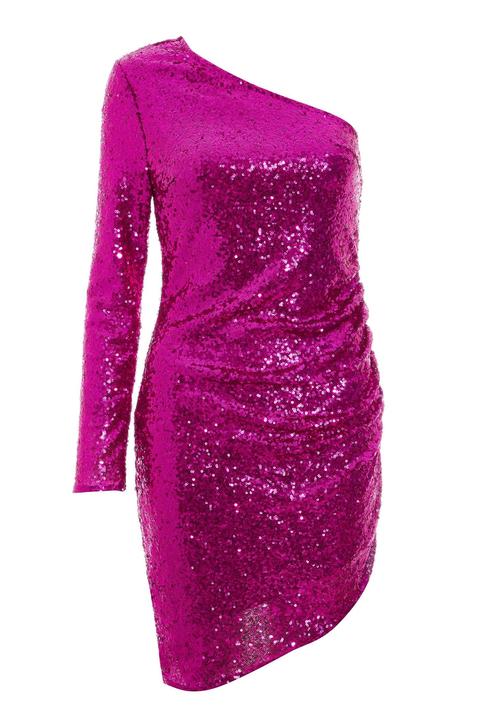 pink sequin one shoulder dress
